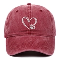 Close-up of heart and paw embroidery on washed wine red cotton baseball cap - Adjustable / Burgundy