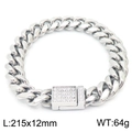 Silver cuban link bracelet for men with 12mm width and sparkling diamond encrusted clasp - 12mm Wide / Steel Color (KB162973-KFC)