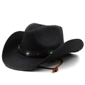 Foldable black straw cowboy hat with turquoise leather band and chin strap for sun protection - M (56-58cm) / Black