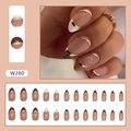 Detailed set of French style press-on nails with burgundy, leopard print and gold accents - W280 Ribbon Leopard