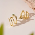 Detail of gold snake earrings with sparkling rhinestones and green gemstone eyes - 4# 925 Sterling Silver Earring Post - Green Eye Rhinestone Snake Stud Earrings