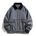 Men's casual grey workwear cotton jacket with black corduroy collar and large pockets - S / Gray