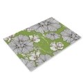 Rectangular green linen placemat featuring black and white floral line art patterns - CD002-8 Green Line Art Flowers