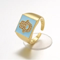 Adjustable gold ring with blue enamel square top and sparkling Hamsa hand design - Adjustable Open / Sky Blue