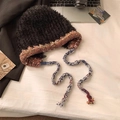 Black plush knit earflap hat with colorful woven trim and decorative long ties - Gradient-Black