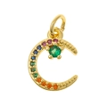 Golden crescent moon pendant with colorful gemstones and green center for DIY jewelry - Moon - Gold/Rainbow