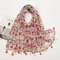 Floral print cotton linen scarf in beige with colorful flower pattern and red tassels - Beige Base Multicolor Flower Style (XB1045)