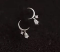 Silver crescent moon stud earrings with sparkling round and teardrop zircons for women - White Gold