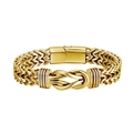 Polished gold stainless steel woven wheat chain bracelet with central knot and magnetic clasp - Gold