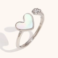 Silver open ring with heart-shaped mother of pearl and shimmering zircon stones - Silver Shell Heart Open Snake Ring