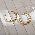 Elegant 18K gold plated C-shaped hoop earrings featuring colorful rainbow zircon stones - Colorful Gold