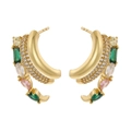 Layered gold C-shaped earrings with colorful gemstones and pavé zircon stones - 1 Pair Pack / Gold with Multicolor Zircon