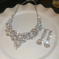 Close-up of luxury silver necklace and fringe earrings set in white porcelain tray - 41# V-Shape Oval Water Drop - Silver (2-Piece Set)