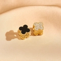 Elegant gold-plated four-leaf clover earrings with black inlay and sparkling zircon stones - Gold Frame Black Agate & Zirconia
