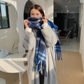 Thick mohair scarf with blue plaid pattern and fringe tassels for winter warmth - Sapphire Blue