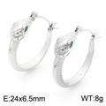 Silver snake-shaped earrings in polished stainless steel with green enamel eyes detail - Steel Color Green Eye Snake Head Style (KE113299-HM)