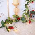Christmas garland with red berries and warm LED lights for festive home wall decoration - 36-Fork Holly Leaves Red Berries with Warm White LED Lights