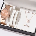 Elegant 5-piece rose gold watch and jewelry gift set featuring sparkling zirconia crystals - 5-Piece Set (Watch+Bracelet+Necklace+Earrings+Ring) / Rose Gold Set 1
