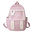 Cute pink and beige rabbit-themed backpack with plush charm and 3D ears for girls - Pink