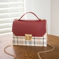 Retro plaid crossbody bag with wine red leather flap and golden chain strap in SKU view - Red