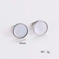 Detailed view of 10mm silver stainless steel stud earrings with white shell inlay - Silver with White Shell Inlay