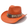 Chapeau de cowboy en paille orange avec broderie florale et gemme pour la plage d'été - M (56-58cm) / Orange