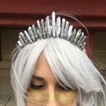 Close-up detail of silver natural crystal crown headband on model with white hair - Silver Crystal + Silver Wire Silver Headband