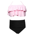 Two-piece girls' swimsuit with pink ruffle halter top and high-waist black bottoms - 104 / Pink Double Ruffle Ruched Pants Set