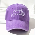 Washed purple cotton baseball cap featuring Simply Blessed white embroidery and pink cross - One Size / Purple