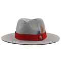 Detail view of a gray woven cowboy hat with a red ribbon, feather, and anchor metal badge - M (56-58cm) / Gray