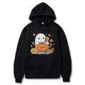 Black Halloween hoodie for adults featuring a cute ghost and pumpkin graphic print - S / Black