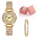 Detailed view of luxury gold quartz watch set with rhinestones and heart bracelet in box - Gold + Bracelet + Box
