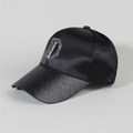Detail of black satin baseball cap with glittery brim and rhinestone NICENICE D patch - Style 29-Black Satin Sequin NICENICE D