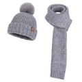 Grey winter knitted set including beanie with faux fur pom and matching scarf - Two-Piece Set / Gray