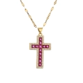 Gold cross pendant necklace with ruby red square stones and clear zircon crystals - Micro Pave Border / Rose Red