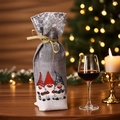 Grey Christmas wine gift bag with festive gnome prints and elegant gold drawstring - Faceless Old Man Style / Gray