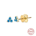 Detail view of S925 sterling silver clover stud earrings with blue stones and gold plating - Clover Stud Earrings / Gold-Blue