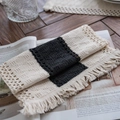 Handmade crochet placemat in black and white stripes with fringe and hollow texture - Center Black