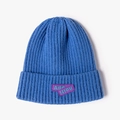 Royal blue ribbed knit beanie with purple layered letter patch for a trendy sporty look - Blue