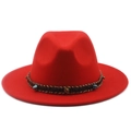 Detail of red fedora hat with ethnic woven band and turquoise stone embellishment - M (56-58cm) / Orange Red