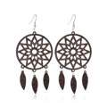 Detailed view of dark brown dreamcatcher wood earrings with star carving and leaf charms - Style 47
