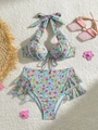 Bikini azzurro a fiori con top allacciato al collo e slip a vita alta con volant - S / Celeste