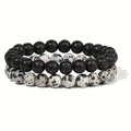 8mm volcanic lava and dalmatian jasper beaded stretch bracelets set for daily wear - Set (MB2-0857) / Dalmatian Stone + Lava Stone