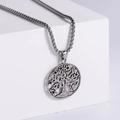Polished silver stainless steel necklace featuring a round Tree of Life pendant on a box chain - Silver Tree of Life Necklace (With Pearl Chain)