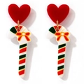 Christmas earrings featuring red heart and candy cane pendant with yellow bow detail - Heart Candy Cane