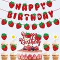 Set de decoración de cumpleaños tema fresa con pancarta brillante y adornos - Juego de decoración temática de fresas