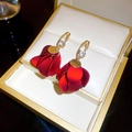 Close-up of red fabric flower earrings with gold hooks in a jewelry box display - Red Multilayer Petal Gold Long Hook (5903598674565)