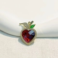 Gold plated heart pendant with red crystal and green leaves for DIY jewelry making - Red Fruit Apple Shape