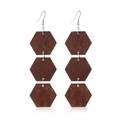 Detailed view of dark brown triple hexagon geometric wooden earrings with silver hooks - Style 51