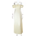 Elegant cream satin slip maxi dress with off-shoulder sleeves and open back design - S / Yellow